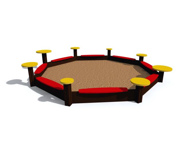 Nyolcszögletű homokozó. A homokozó szélén piros padok (a szülőknek), a sarkokon sárga kis asztalkák a formázáshoz.